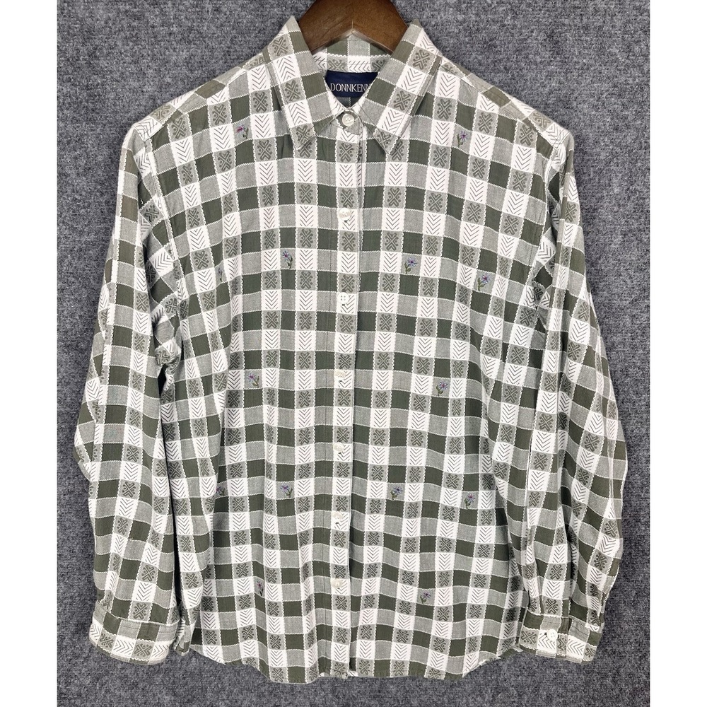 Donnkenny Green Plaid Embroidered Cotton Button Down Shirt Womens Large L